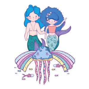 彩虹海底矢量图设计的美人鱼夫妇