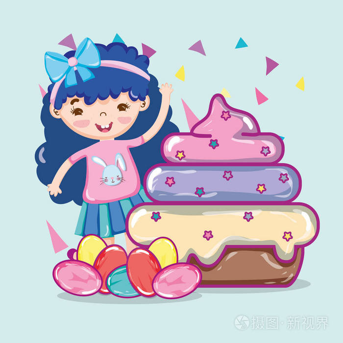 女孩与纸杯蛋糕和糖果矢量插图图形设计