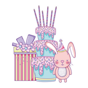 生日快乐兔带礼盒蛋糕卡通矢量图平面设计