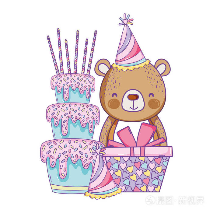 生日快乐熊带蛋糕礼品盒和帽子卡通矢量平面设计插画-正版商用图片179
