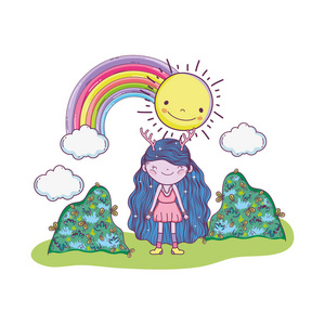 可爱的小仙女与彩虹在景观矢量插图设计