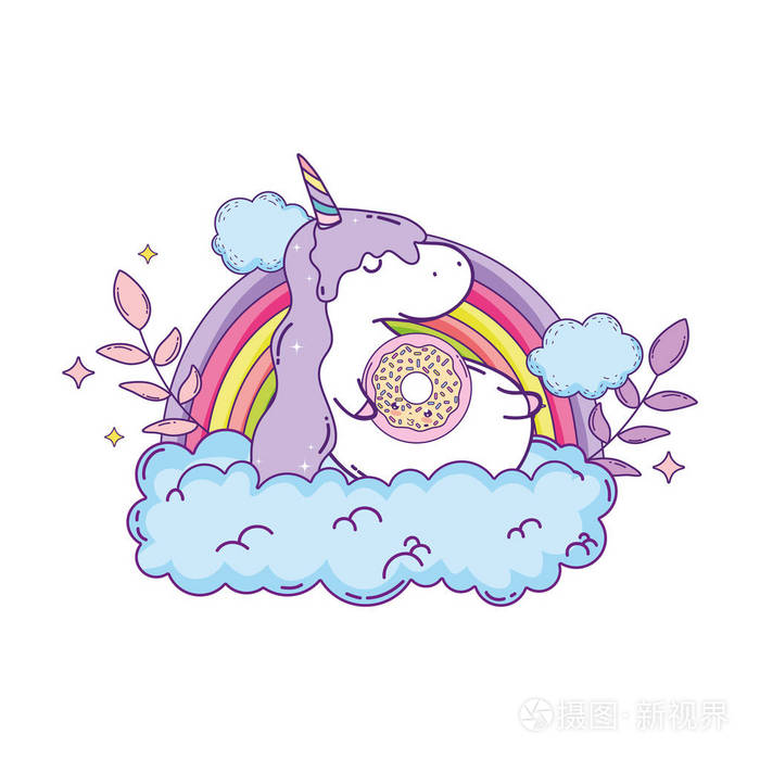 可爱的独角兽与云和彩虹卡瓦伊矢量插图设计