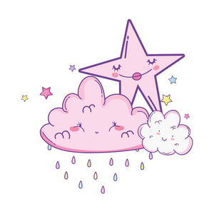云雨，星星微笑，可爱的卡通矢量插图，平面设计
