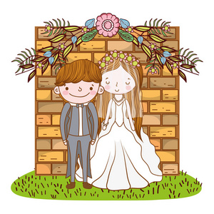 情侣婚礼过砖墙可爱卡通插图平面设计