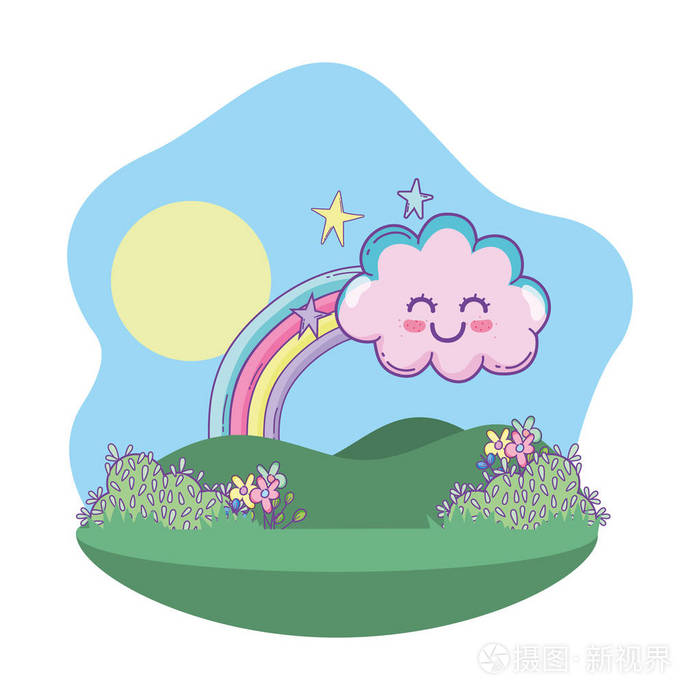 可爱的风景与云和彩虹卡通矢量插图平面设计