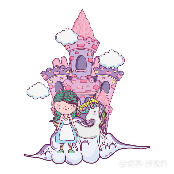 可爱的小仙女与独角兽和城堡矢量插图设计