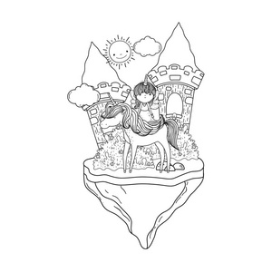 城堡与独角兽和仙女在景观矢量插图设计