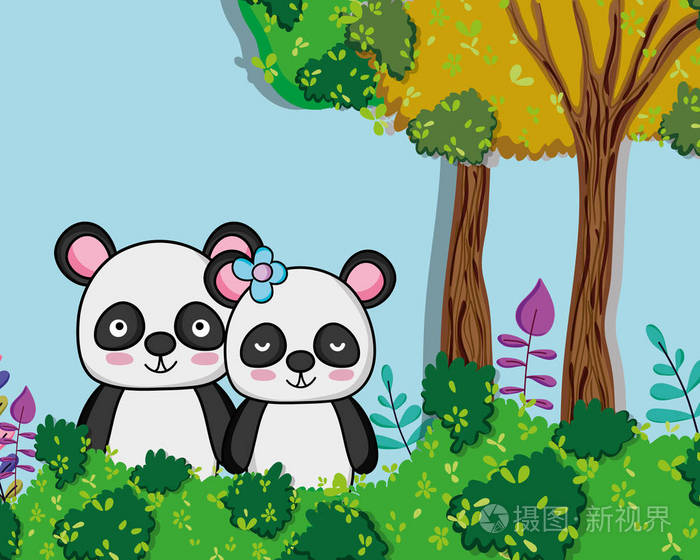 可爱的熊猫家庭丛林卡通矢量插图平面设计