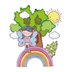 可爱的小仙女与树和彩虹矢量插图设计