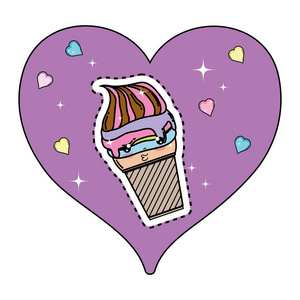 可爱的冰淇淋心卡瓦伊字符矢量插图设计