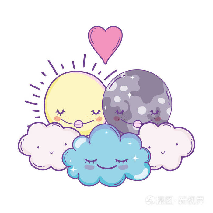 月亮和太阳在爱情中微笑可爱的卡通矢量插图平面设计