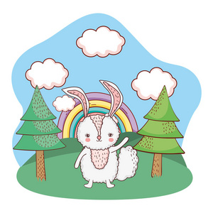 可爱的小兔子角色在营地矢量插图设计