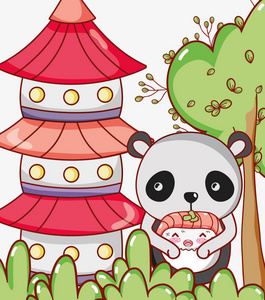 熊猫和日本食物可爱的Kawaii漫画