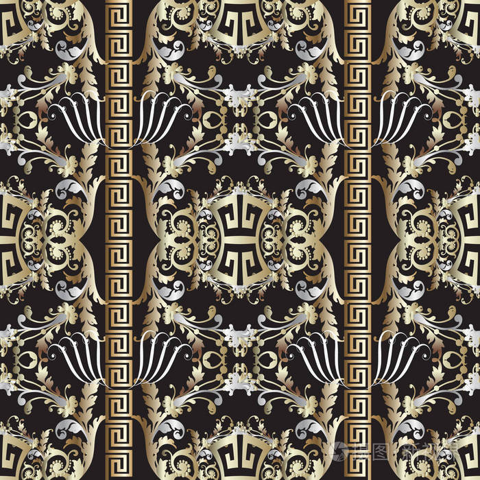 黑色矢量damask背景壁纸与老式金银花卷留下蜿蜒希腊钥匙装饰.