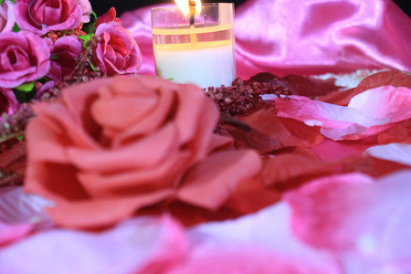 情人节与装饰花玫瑰和蜡烛燃烧收集