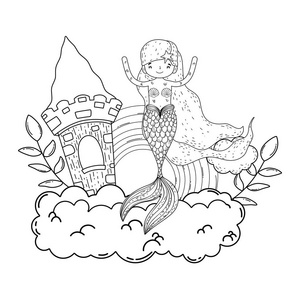 可爱的美人鱼与云和彩虹矢量插图设计照片
