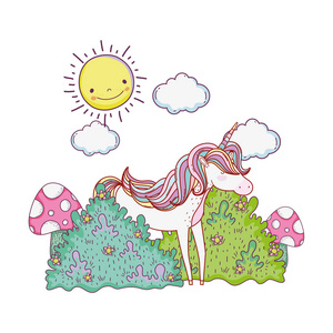 可爱的童话独角兽在景观矢量插图设计。