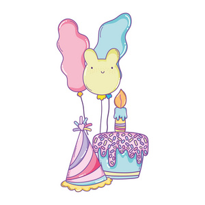 生日快乐蛋糕和帽子气球卡通矢量图平面设计