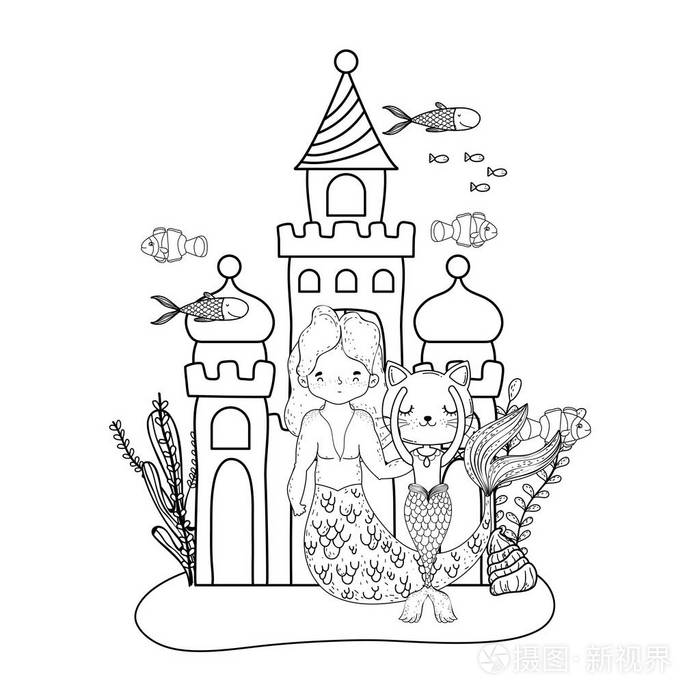 男性美人鱼和毛刺与城堡矢量插图设计插画-正版商用图片179c09-摄图新