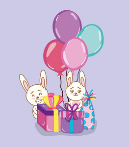 生日派对可爱的兔子卡通矢量插图平面设计