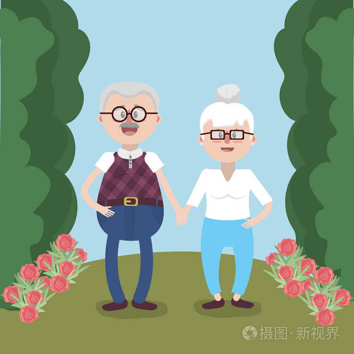 爷爷奶奶可爱的夫妇卡通景观矢量插图平面设计
