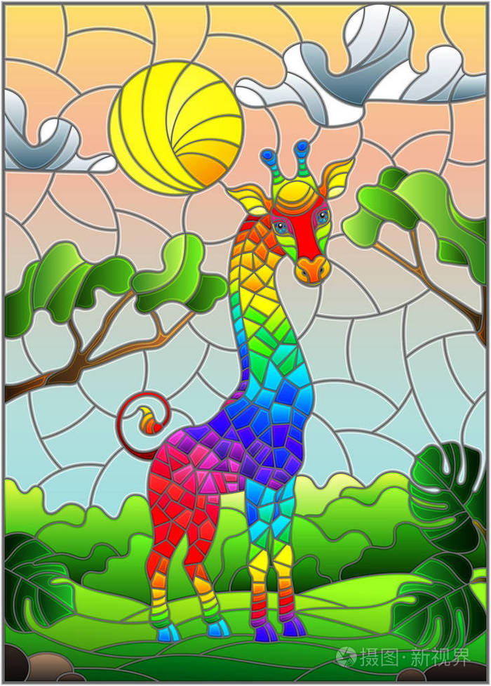 彩色玻璃图案的插图,配上可爱的彩虹长颈鹿,背景是多云的天空和太阳的