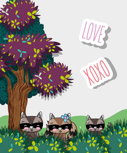 可爱的浣熊家庭在丛林漫画矢量插图平面设计