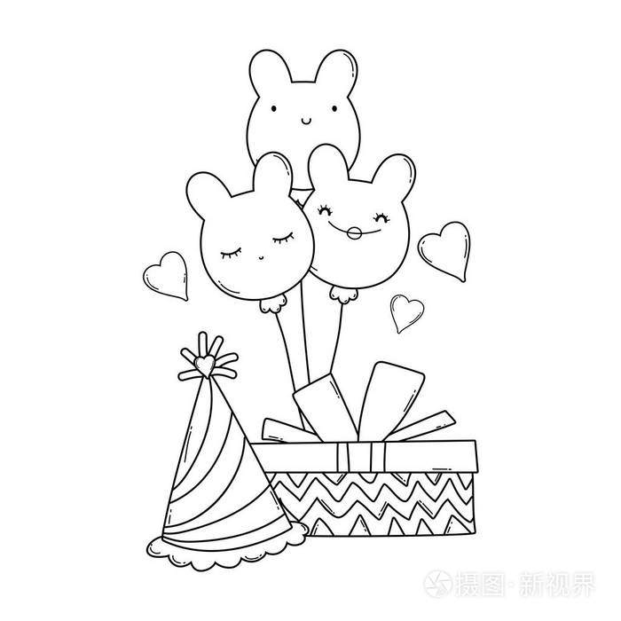 生日礼品盒,带帽子和气球,可爱的卡通矢量图,平面设计插画-正版商用