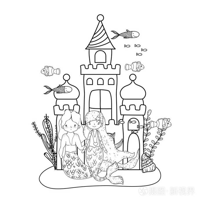 双人鱼与城堡海底场景矢量图设计