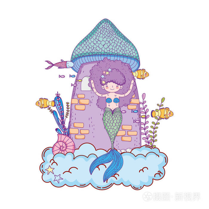 美人鱼与城堡海底场景矢量图设计