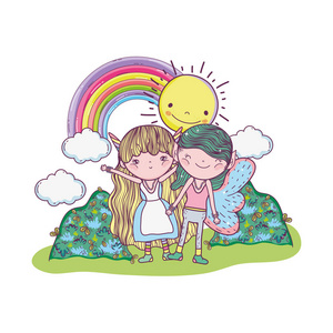 可爱的小仙女夫妇彩虹和太阳矢量插图设计
