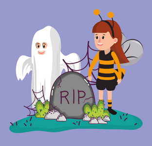 万圣节女孩与蜜蜂服装卡通矢量插图平面设计