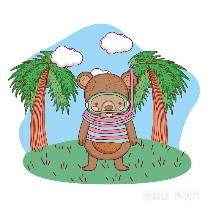 可爱的小熊带浮潜在野外矢量插图设计