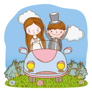 结婚夫妇在自然卡通矢量插图平面设计的老式汽车