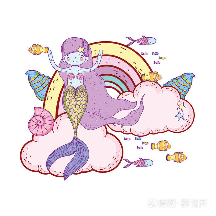 可爱的美人鱼与云和彩虹矢量插图设计