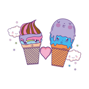 可爱的冰淇淋Kawaii字符矢量插图设计