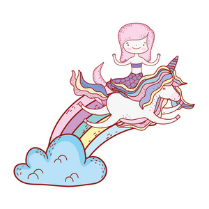 带独角兽和彩虹的美人鱼云矢量图设计