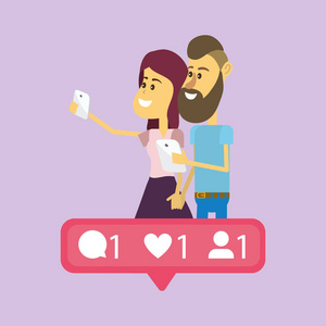 年轻夫妇使用社交网络从智能手机矢量插图图形设计