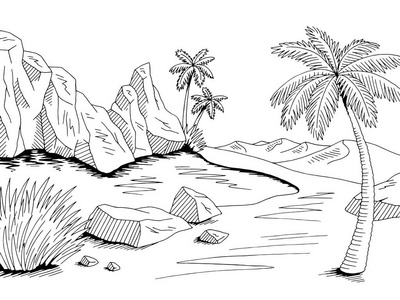 绿洲沙漠图形黑白景观插图照片