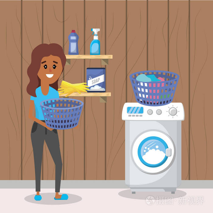 带家电的洗衣间女人卡通矢量插图平面设计