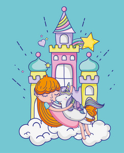 女孩与独角兽幻想城堡可爱卡通矢量插图平面设计