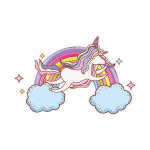 可爱的独角兽与云和彩虹矢量插图设计