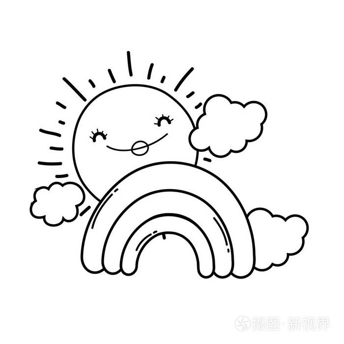 云和彩虹带着微笑的太阳可爱的卡通矢量图平面设计
