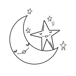 可爱的月亮和星星微笑卡通矢量插图图形设计太阳和月亮的画笔, 星星