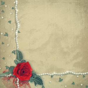 旧葡萄酒老卡与美丽的红玫瑰，花边，珍珠