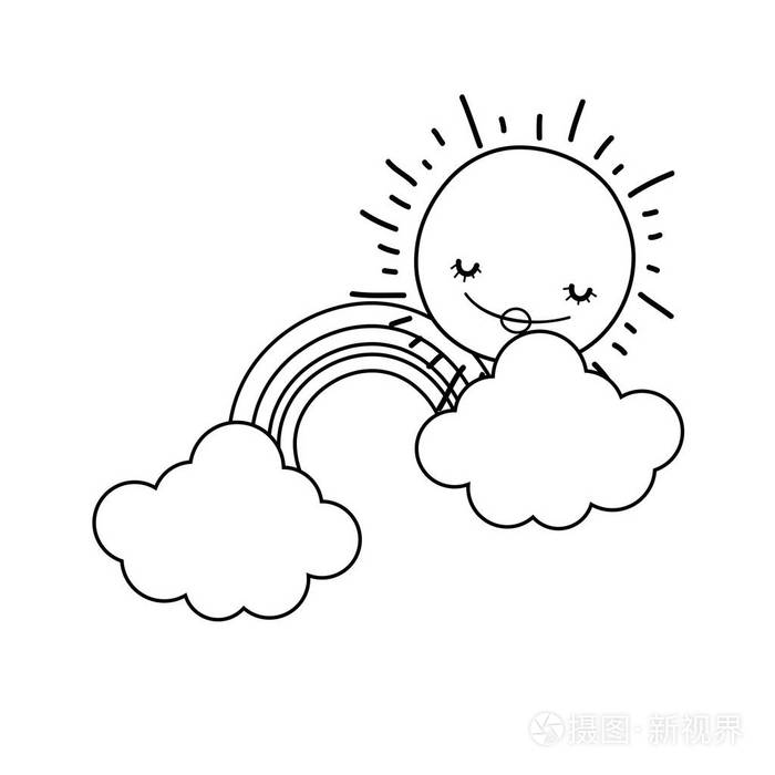 云彩和彩虹带着微笑的太阳可爱的卡通矢量插图平面设计插画-正版商用