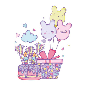 生日快乐蛋糕和带气球的礼品盒，卡通矢量插图，平面设计