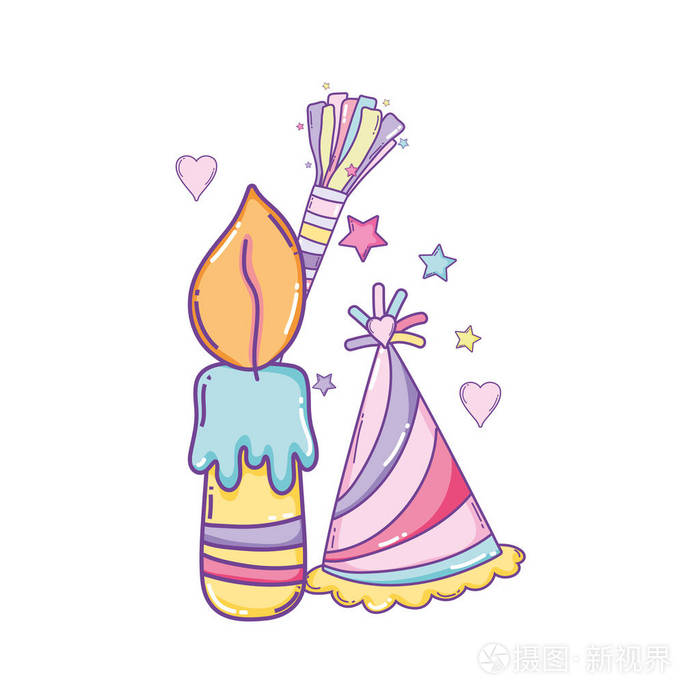 生日蜡烛和帽子可爱卡通矢量图平面设计