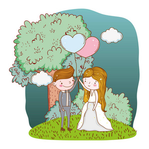 可爱的情侣设计情侣婚礼可爱卡通森林与树木和气球矢量插图平面设计