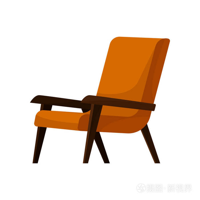 时尚橙色扶手椅, 木臂和腿.舒适的椅子客厅.柔软的家具.平面矢量图标